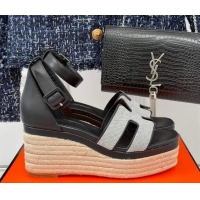 Unique Style Hermes Elda Platform Wedge Sandals 8cm in Canvas and Leather Black 1230093