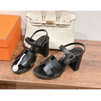 Pretty Style Hermes Jazz High Heel Sandals 10.5cm in Smooth Calfskin Black 1230109