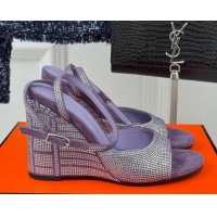 Shop Duplicate Hermes Jolie Wedge Sandals 8cm in Suede with Strass Allover Purple 1230111