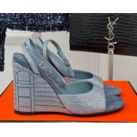 Best Product Hermes Jolie Wedge Sandals 8cm in Suede with Strass Allover Blue 1230115