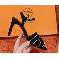 Big Discount Hermes Heden Heel Sandals 8cm in Suede with Strass Black 1230123