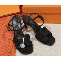 Shop Duplicate Hermes Heden Heel Sandals 8cm in Suede Black 1230126