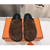 Good Quality Hermes Johan Flat Mules in Suede with Braided Leather Detail Dark Brown 1230130