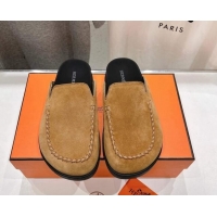 Good Product Hermes Johan Flat Mules in Suede with Braided Leather Detail Light Brown 1230131