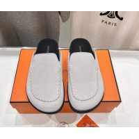 Pretty Style Hermes Johan Flat Mules in Suede with Braided Leather Detail White 1230132