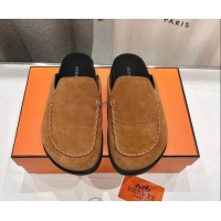 Top Design Hermes Johan Flat Mules in Suede with Braided Leather Detail Brown 1230133