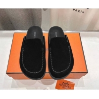 Cheap Price Hermes Johan Flat Mules in Suede with Braided Leather Detail Black 1230134