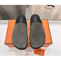 Duplicate Hermes Johan Flat Mules in Suede with Braided Leather Detail Dark Grey 1230135