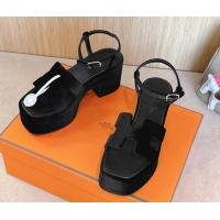 Grade Quality Hermes Jam Platform Sandals 7.5cm in Velvet Black 1230138