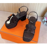 Hot Style Hermes Jam Platform Sandals 7.5cm in Suede Dark Brown 1230139