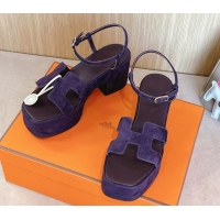 Good Quality Hermes Jam Platform Sandals 7.5cm in Suede Purple 1230140