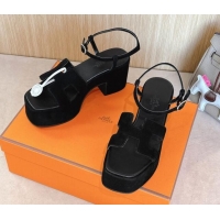 Grade Quality Hermes Jam Platform Sandals 7.5cm in Suede Black 1230142