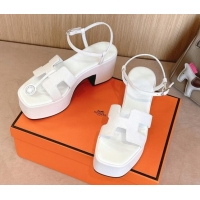 Good Quality Hermes Jam Platform Sandals 7.5cm in Grained Leather Snow White 1230143