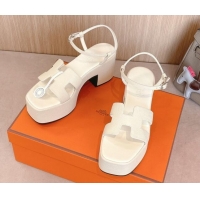 Popular Style Hermes Jam Platform Sandals 7.5cm in Grained Leather Ivory White 1230144