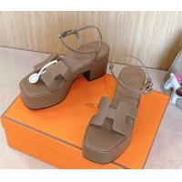 Good Product Hermes Jam Platform Sandals 7.5cm in Grained Leather Grey 1230145