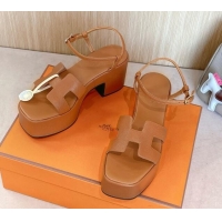 Best Grade Hermes Jam Platform Sandals 7.5cm in Grained Leather Brown 1230146