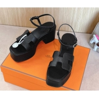 Top Grade Hermes Jam Platform Sandals 7.5cm in Grained Leather Black 1230148