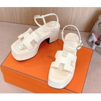 Buy Luxury Hermes Jam Platform Sandals 7.5cm in Calfskin Leather Ivory White 1230150