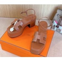 Luxury Hermes Jam Platform Sandals 7.5cm in Calfskin Leather Brown 1230149