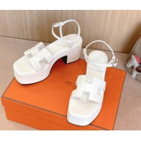 Low Cost Hermes Jam Platform Sandals 7.5cm in Calfskin Leather Snow White 1230152