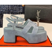 Charming Hermes Jam Platform Sandals 7.5cm in Suede Blue Grey 1230153