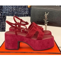 Trendy Design Hermes Jam Platform Sandals 7.5cm in Suede Burgundy 1230154