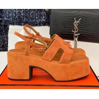 Stylish Hermes Jam Platform Sandals 7.5cm in Suede Brown Yellow 1230155