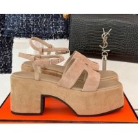 Popular Style Hermes Jam Platform Sandals 7.5cm in Suede Beige 1230156