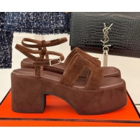 Sophisticated Hermes Jam Platform Sandals 7.5cm in Suede Dark Brown 1230158