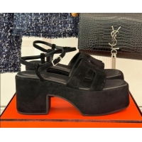 Luxury Cheap Hermes Jam Platform Sandals 7.5cm in Suede Black 1230159