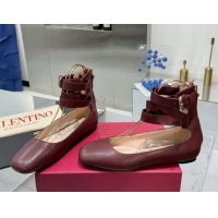 Good Product Valentino Calfskin Ballerina Flats with Ankle Strap Burgundy 1226001