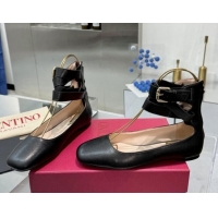 Top Design Valentino Calfskin Ballerina Flats with Ankle Strap Black 1226002