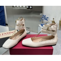 Unique Style Valentino Calfskin Ballerina Flats with Ankle Strap White 1226004