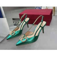 Luxury Discount Valentino Metallic Calfskin Slingback Pumps 8cm with Strass Green 1226010