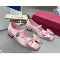 Luxurious Valentino Bowjane Mary-Janes Ballerinas Flat in Crepe Fabric with Bow Light Pink 1226024