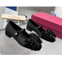 Popular Style Valentino Bowjane Mary-Janes Ballerinas Flat in Satin with Bow and Fringe Black 1226026