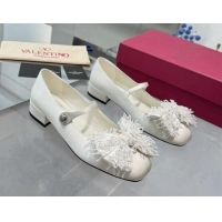 Purchase Valentino Bowjane Mary-Janes Ballerinas Flat in Satin with Bow and Fringe White 1226027