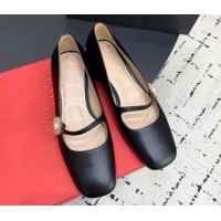 Best Grade Valentino Preshoes Mary-Jane Ballerinas Flat in Calfskin Leather with Jewel Button Black 1226050