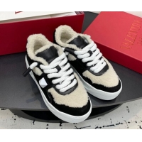 Good Quality Valentino One Stud Platform Sneakers in Calfskin and Shearling Black 1226054