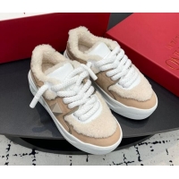 Best Price Valentino One Stud Platform Sneakers in Calfskin and Shearling Beige 1226055