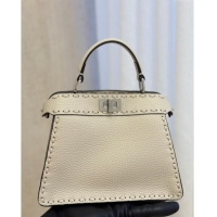 Classic Fendi Peekaboo ISeeU Petite Bag in Grained Leather with Oversized topstitching 80133 White 2025 Top Quality