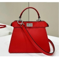 Shop Fendi Peekaboo ISeeU Petite Bag in Grained Leather with Oversized topstitching 80133 Red 2025 Top Quality