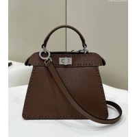 Best Price Fendi Peekaboo ISeeU Petite Bag in Grained Leather with Oversized topstitching 80133 Dark Brown 2025 Top Qual