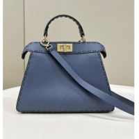 Discount Fendi Peekaboo ISeeU Small Bag in Grained Leather with Oversized topstitching 80133 Midnight Blue 2025 Top Qual