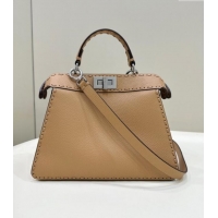 Most Popular Fendi Peekaboo ISeeU Small Bag in Grained Leather with Oversized Topstitching 80133 Apricot 2025 Top Qualit