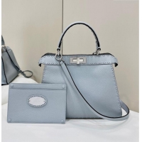 Best Price Fendi Peekaboo ISeeU Medium Bag in Grained Leather with Oversized Topstitching 80133 Glacier Blue 2025 Top Qu