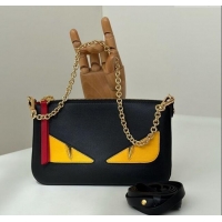 Low Cost Fendi Lunar New Year Baguette Pouch Mini Bag in Leather with Fendi Yellow Eyes 8673 Black 2025