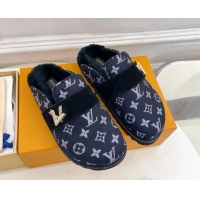 Good Quality Louis Vuitton LV Cosy Flat Comfort Clog Mules in Monogram Wool and Shearling Dark Blue 1224047