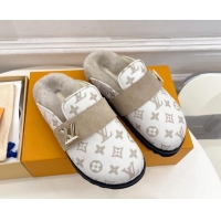 Low Price Louis Vuitton LV Cosy Flat Comfort Clog Mules in Monogram Wool and Shearling White 1224048