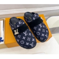 Classic Hot Louis Vuitton LV Cosy Flat Comfort Clog Mules in Monogram Wool and Suede Dark Blue 1224049